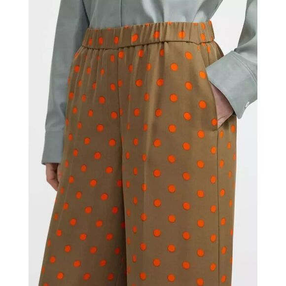 Theory Women Olive Green w/Orange Polka Dots 100% Silk Pant size Small - Picture 1 of 12